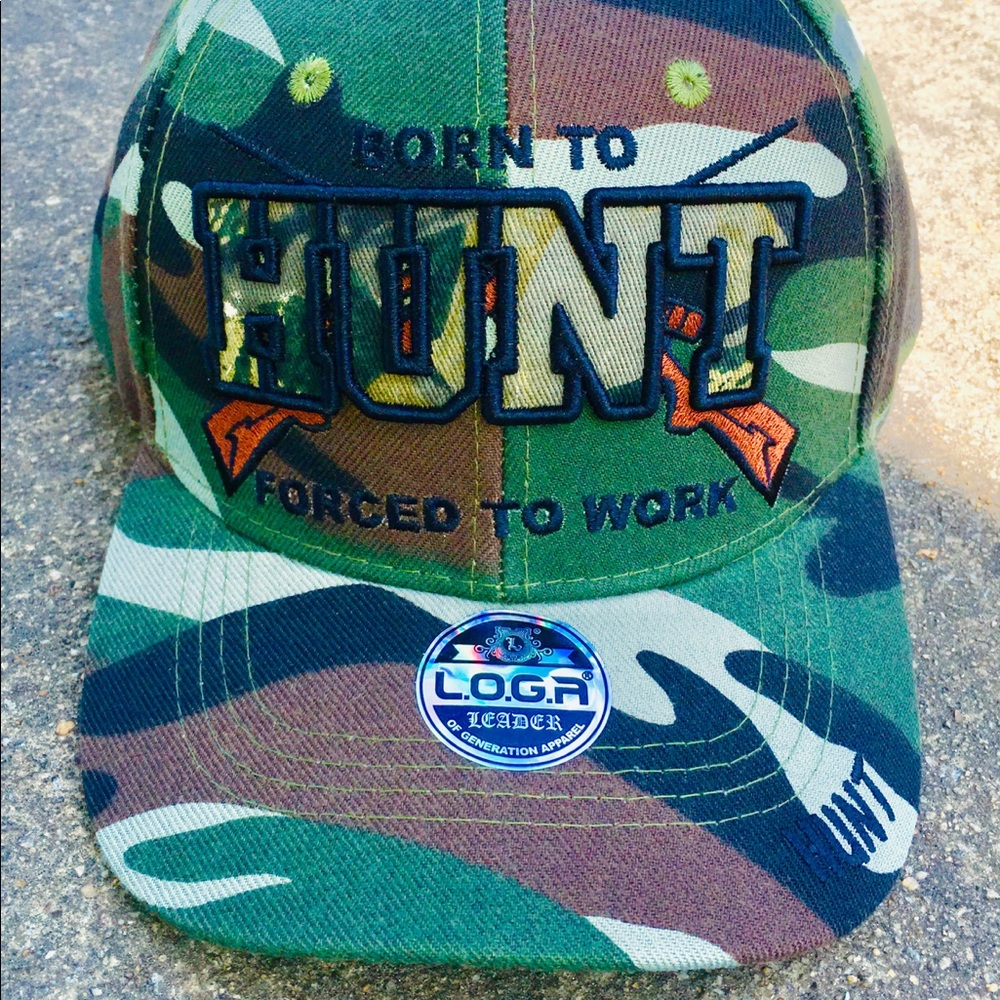Embroidered Camo Born To Hunt Forced To Work cap.